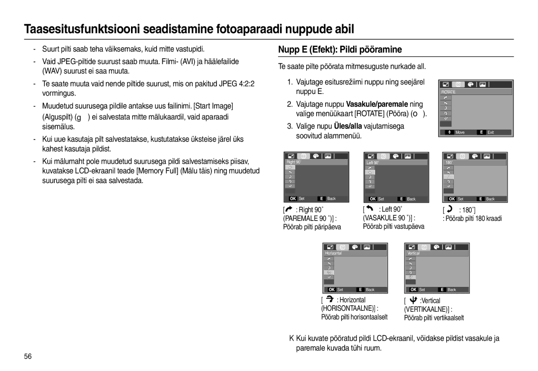 Samsung EC-L110ZBBA/RU, EC-L110ZRBA/RU, EC-L110ZSBA/RU, EC-L110ZBBA/LV manual Nupp E Efekt Pildi pööramine 