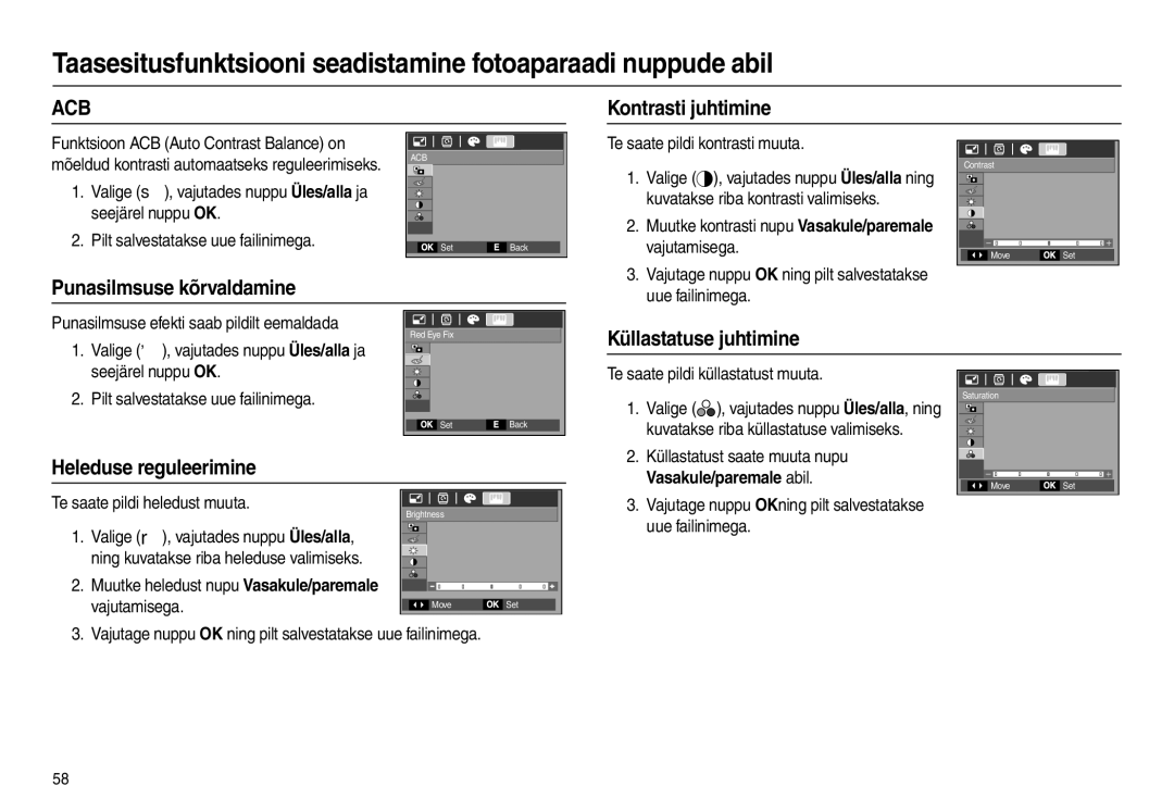 Samsung EC-L110ZBBA/LV Kontrasti juhtimine, Punasilmsuse kõrvaldamine, Küllastatuse juhtimine, Heleduse reguleerimine 