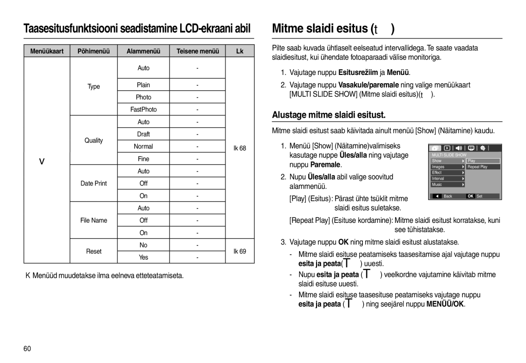 Samsung EC-L110ZBBA/RU, EC-L110ZRBA/RU manual Mitme slaidi esitus , Taasesitusfunktsiooni seadistamine LCD-ekraani abil 