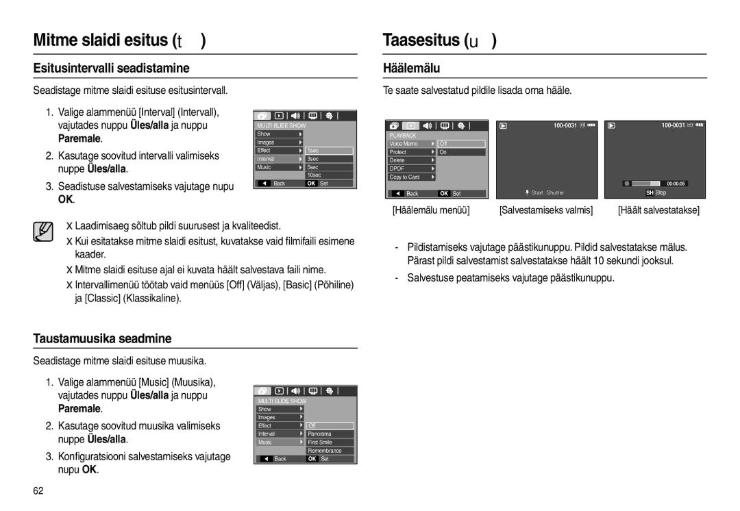 Samsung EC-L110ZBBA/LV, EC-L110ZRBA/RU manual Taasesitus , Esitusintervalli seadistamine, Häälemälu, Taustamuusika seadmine 