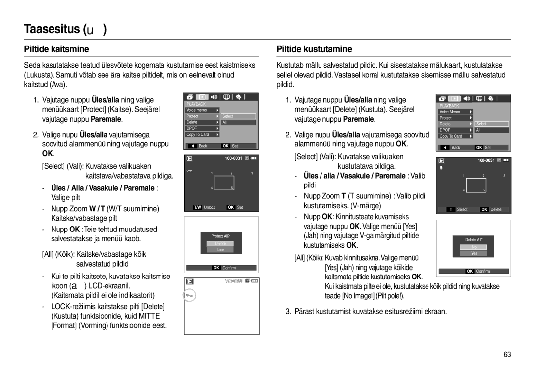 Samsung EC-L110ZRBA/RU manual Piltide kaitsmine, Piltide kustutamine, Üles / Alla / Vasakule / Paremale Valige pilt 