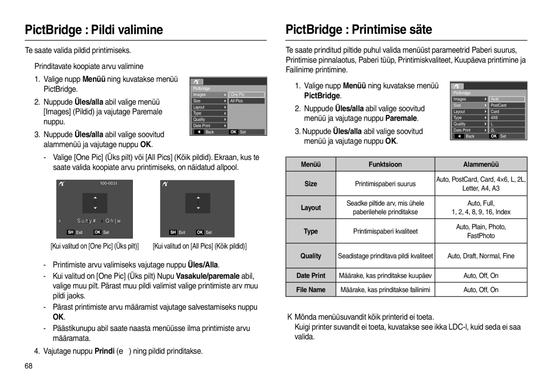 Samsung EC-L110ZBBA/RU manual PictBridge Pildi valimine PictBridge Printimise säte, Nuppu, Alammenüü ja vajutage nuppu OK 