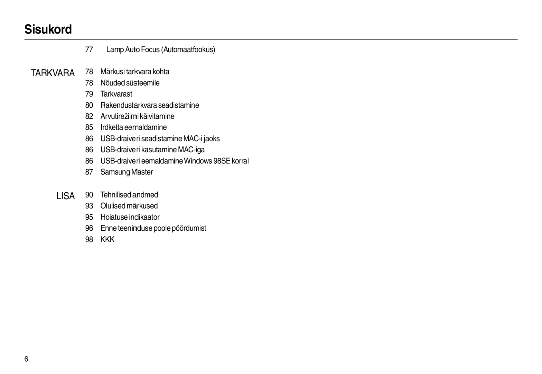 Samsung EC-L110ZBBA/LV, EC-L110ZRBA/RU, EC-L110ZBBA/RU, EC-L110ZSBA/RU manual Sisukord 