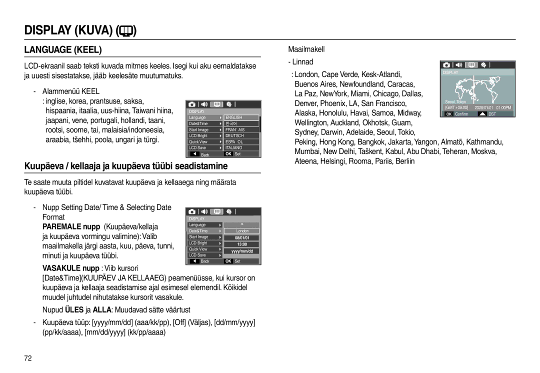 Samsung EC-L110ZBBA/RU, EC-L110ZRBA/RU manual Kuupäeva / kellaaja ja kuupäeva tüübi seadistamine, Vasakule nupp Viib kursori 