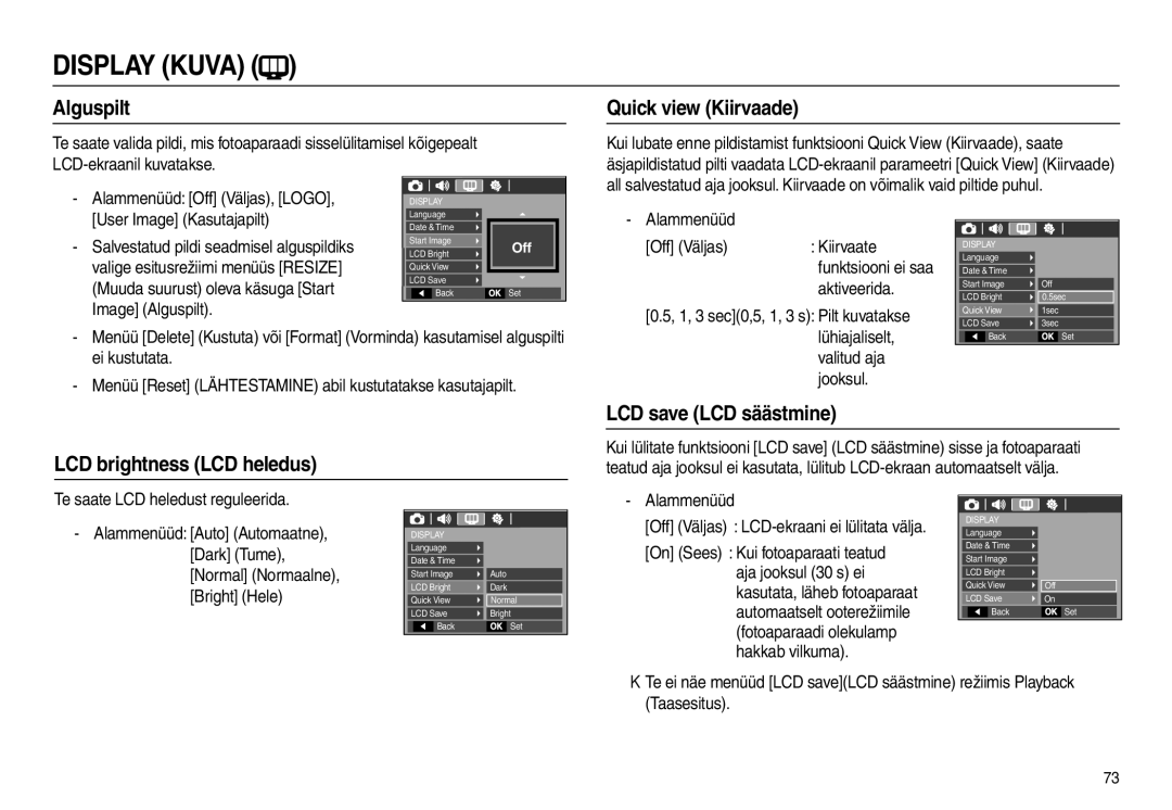 Samsung EC-L110ZSBA/RU, EC-L110ZRBA/RU Alguspilt, Quick view Kiirvaade, LCD brightness LCD heledus LCD save LCD säästmine 