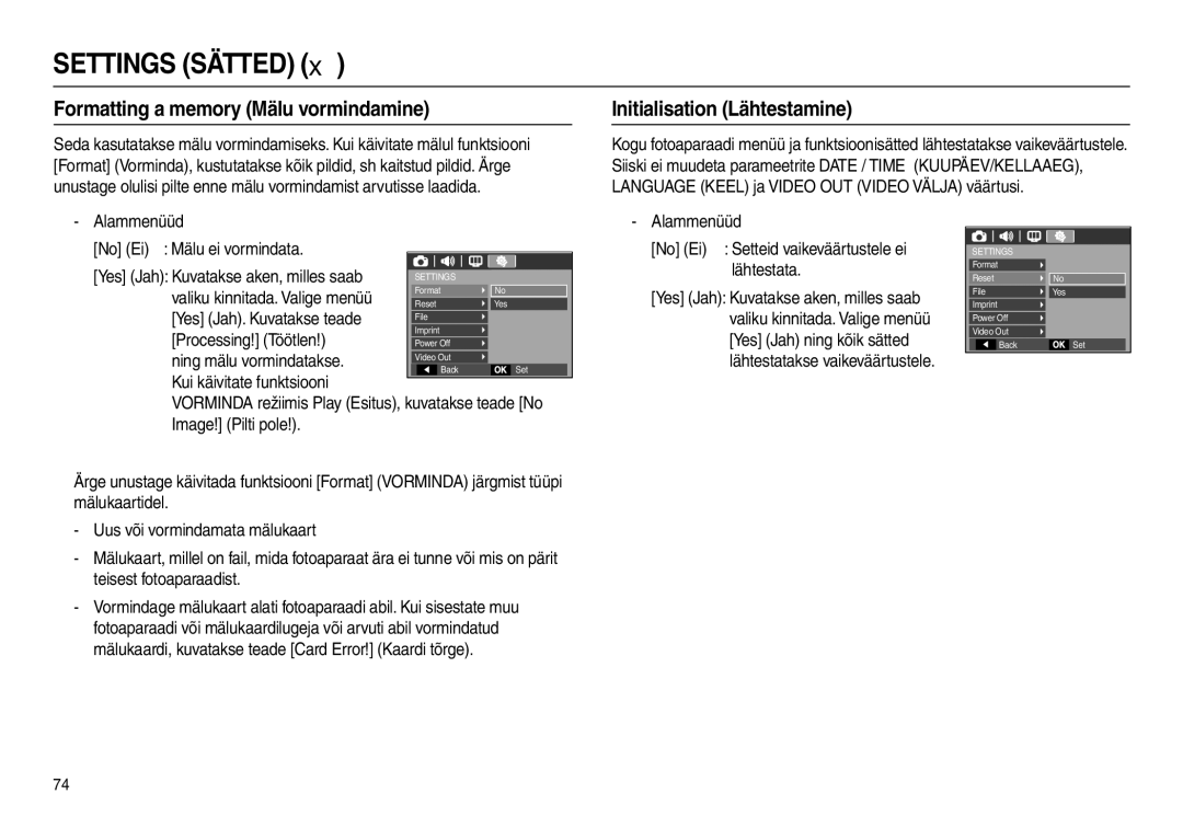 Samsung EC-L110ZBBA/LV, EC-L110ZRBA/RU, EC-L110ZBBA/RU Formatting a memory Mälu vormindamine, Initialisation Lähtestamine 