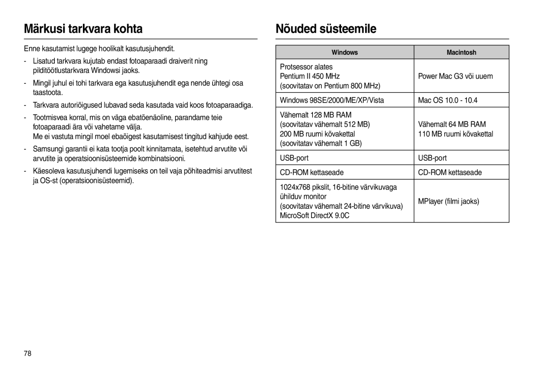 Samsung EC-L110ZBBA/LV, EC-L110ZRBA/RU, EC-L110ZBBA/RU, EC-L110ZSBA/RU manual Märkusi tarkvara kohta, Nõuded süsteemile 