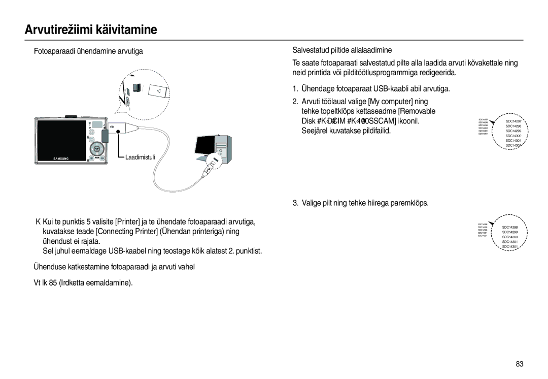 Samsung EC-L110ZRBA/RU, EC-L110ZBBA/RU manual „ Fotoaparaadi ühendamine arvutiga, „ Salvestatud piltide allalaadimine 