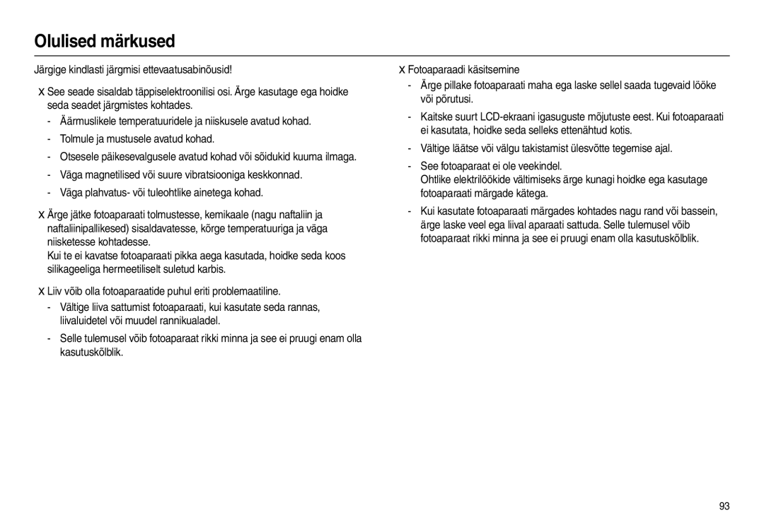 Samsung EC-L110ZSBA/RU, EC-L110ZRBA/RU manual Olulised märkused, Liiv võib olla fotoaparaatide puhul eriti problemaatiline 