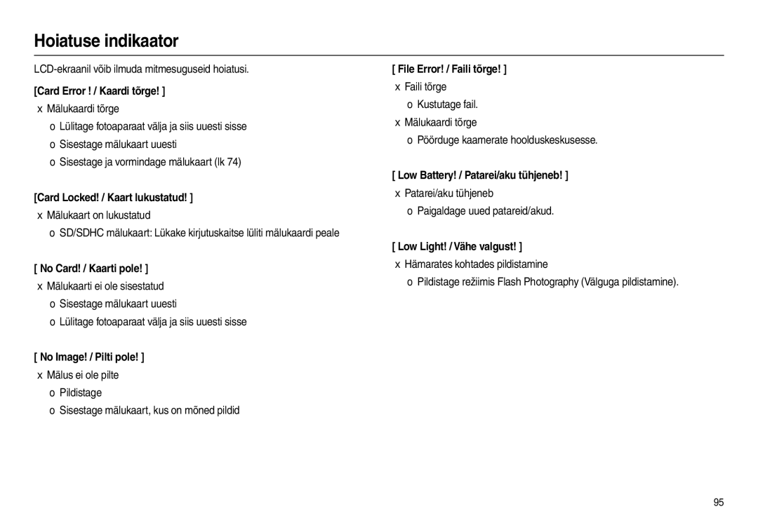 Samsung EC-L110ZRBA/RU, EC-L110ZBBA/RU, EC-L110ZSBA/RU, EC-L110ZBBA/LV manual Hoiatuse indikaator 