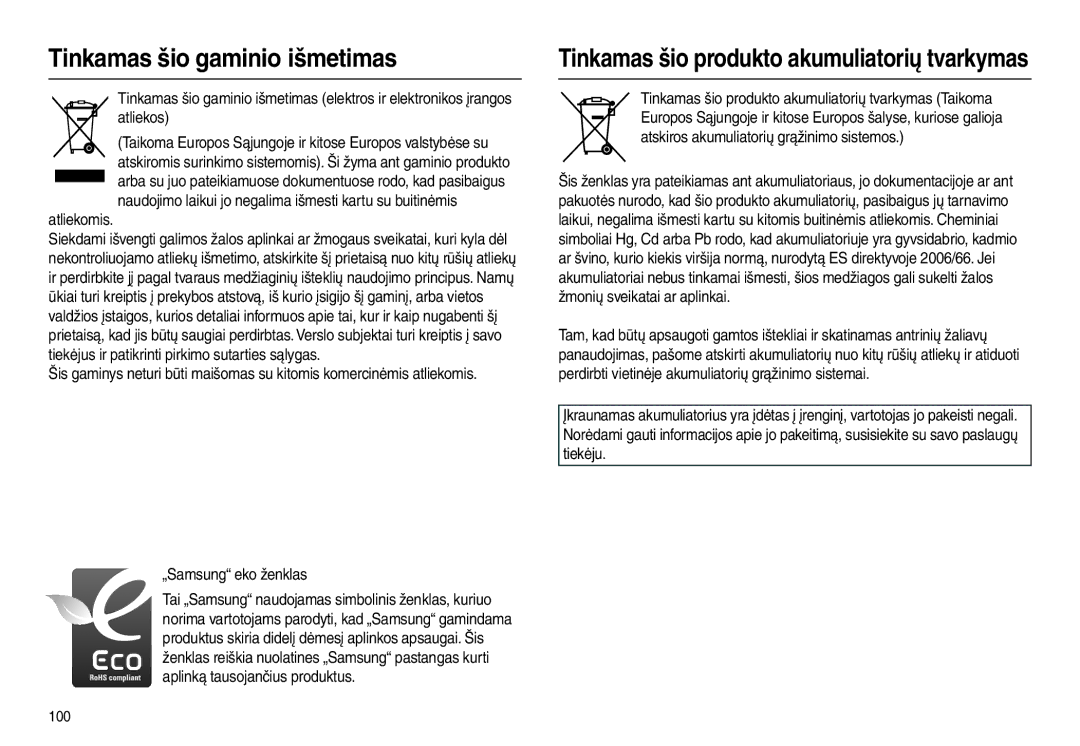 Samsung EC-L110ZBBA/RU, EC-L110ZRBA/RU manual Tinkamas šio gaminio išmetimas, Atliekomis, „Samsung eko ženklas, 100 