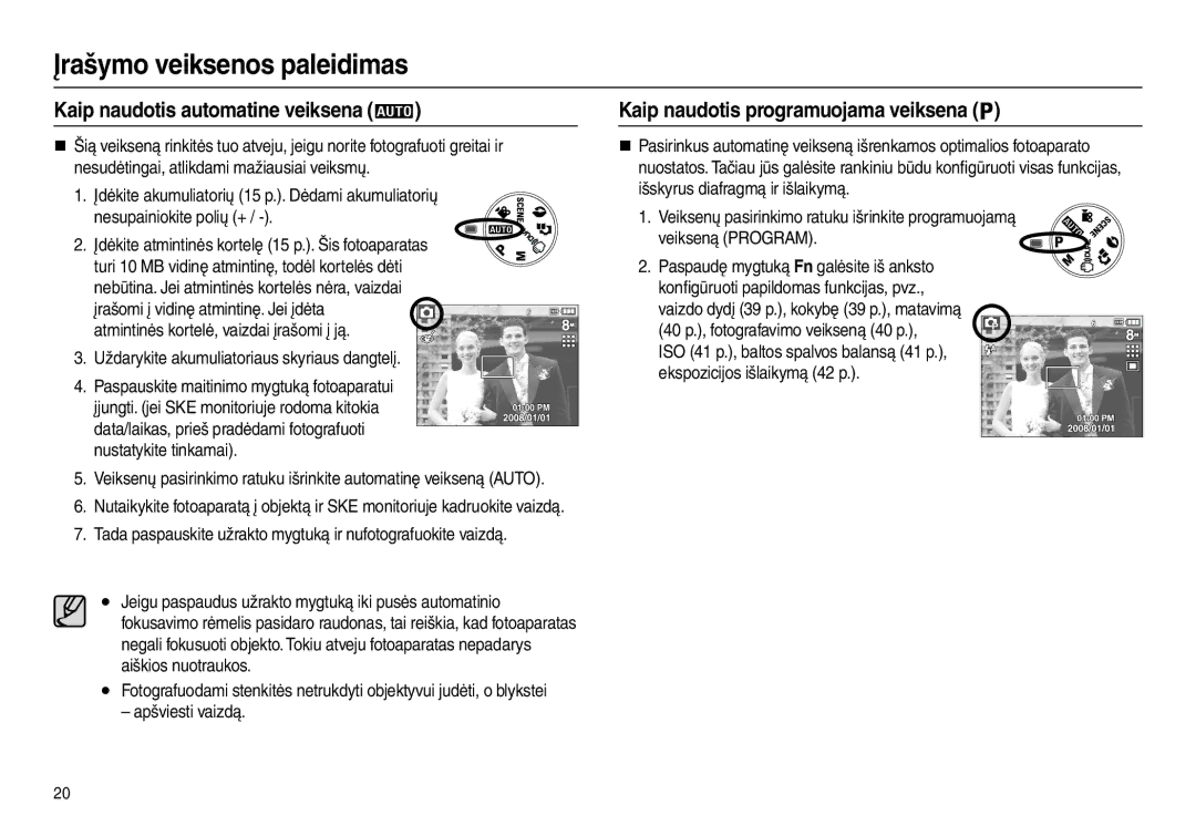 Samsung EC-L110ZBBA/RU, EC-L110ZRBA/RU, EC-L110ZSBA/RU manual Įrašymo veiksenos paleidimas, Kaip naudotis automatine veiksena 