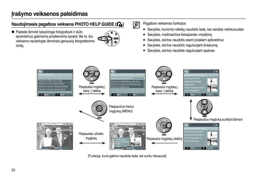 Samsung EC-L110ZBBA/LV Naudojimasis pagalbos veiksena Photo Help Guide, Kairę / į dešinę, Paspaudus mygtuką aukštyn/žemyn 