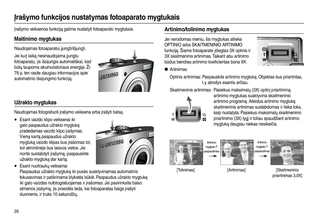 Samsung EC-L110ZBBA/LV manual Įrašymo funkcijos nustatymas fotoaparato mygtukais, Maitinimo mygtukas, Užrakto mygtukas 