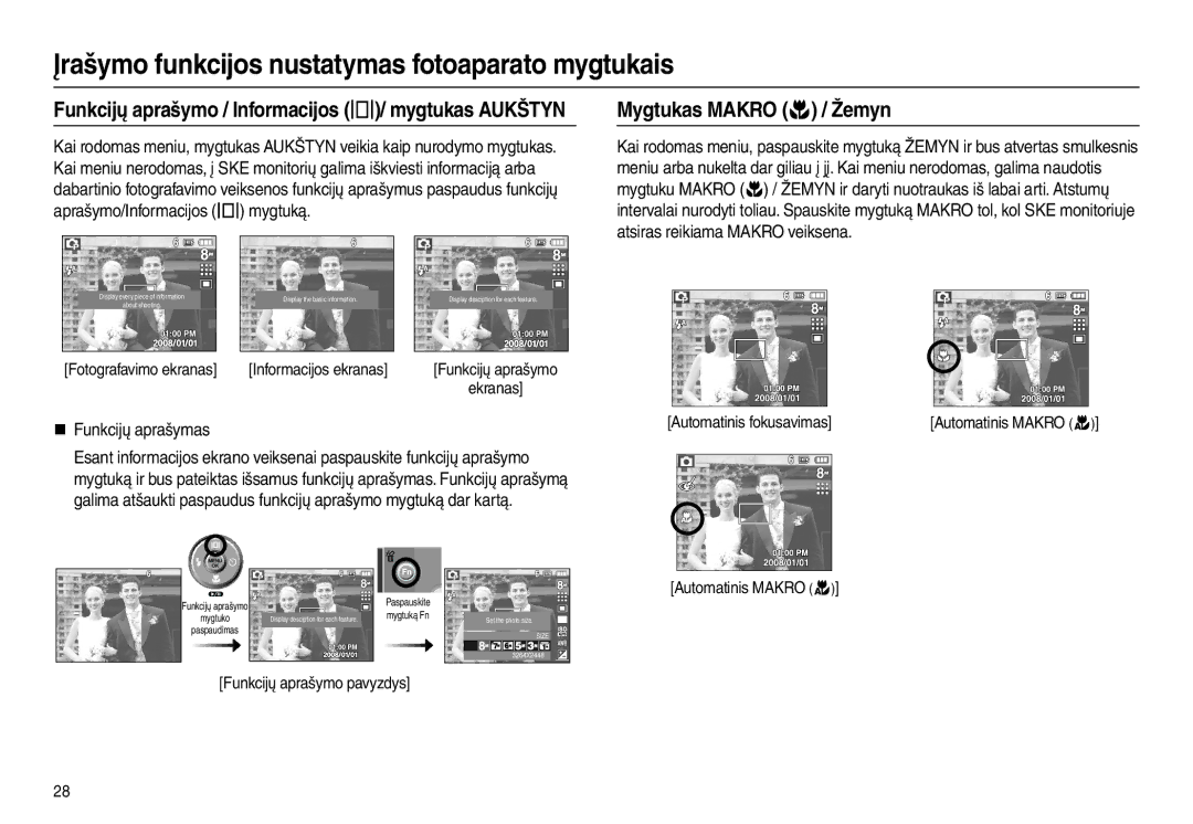 Samsung EC-L110ZBBA/RU manual Mygtukas Makro  / Žemyn, „ Funkcijų aprašymas, Fotografavimo ekranas Informacijos ekranas 