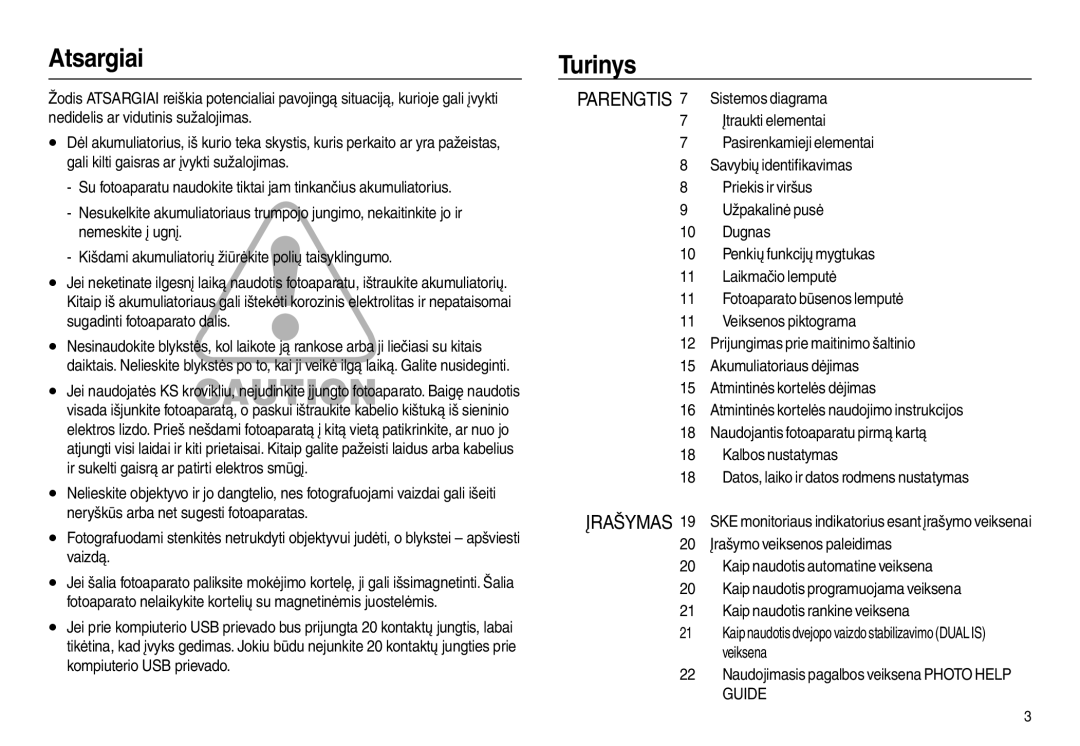 Samsung EC-L110ZRBA/RU, EC-L110ZBBA/RU, EC-L110ZSBA/RU Atsargiai, Turinys, Parengtis 7 Sistemos diagrama Įtraukti elementai 