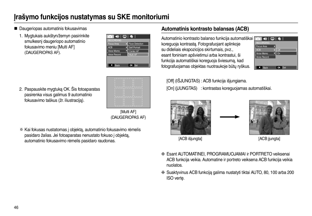 Samsung EC-L110ZBBA/LV, EC-L110ZRBA/RU manual Automatinis kontrasto balansas ACB, Fokusavimo taškus žr. iliustraciją 