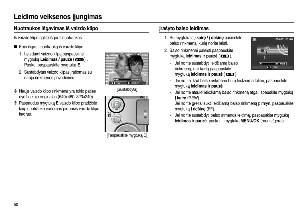 Samsung EC-L110ZBBA/LV manual Nuotraukos išgavimas iš vaizdo klipo Įrašyto balso leidimas, Paskui paspauskite mygtuką E 