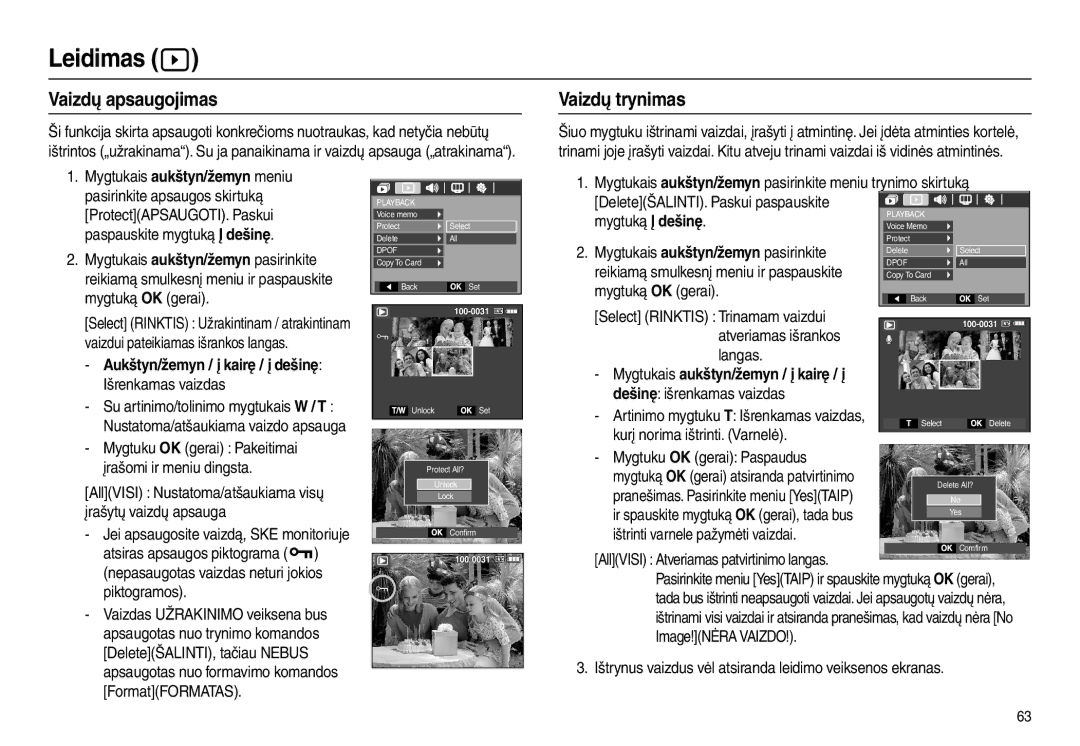 Samsung EC-L110ZRBA/RU, EC-L110ZBBA/RU manual Vaizdų apsaugojimas, Vaizdų trynimas, Mygtukais aukštyn/žemyn / į kairę / į 