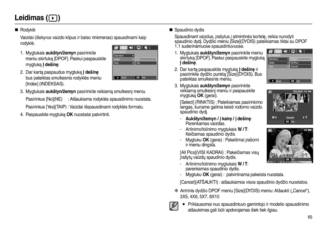 Samsung EC-L110ZSBA/RU manual Leidimas, Dar kartą paspaudus mygtuką Į dešinę, Pateiktas smulkesnis meniu Index Indeksas 