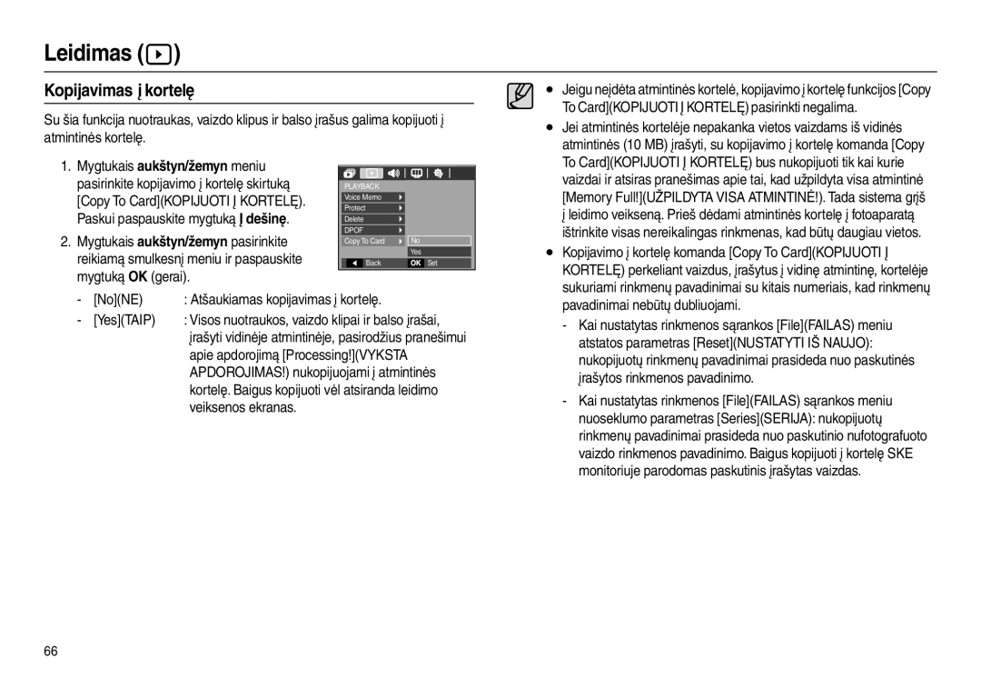 Samsung EC-L110ZBBA/LV, EC-L110ZRBA/RU, EC-L110ZBBA/RU, EC-L110ZSBA/RU manual Kopijavimas į kortelę 