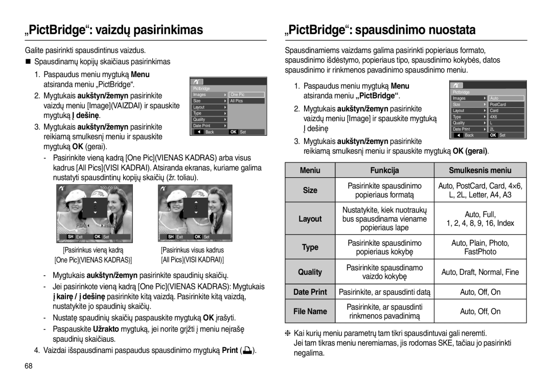 Samsung EC-L110ZBBA/RU Paspaudus meniu mygtuką Menu, Atsiranda meniu „PictBridge, Dešinę, Meniu Funkcija Smulkesnis meniu 