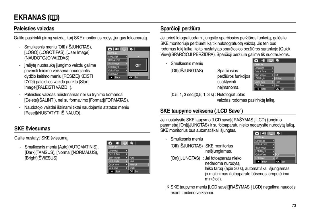 Samsung EC-L110ZSBA/RU manual Paleisties vaizdas, Sparčioji peržiūra, SKE šviesumas, SKE taupymo veiksena „LCD Save 