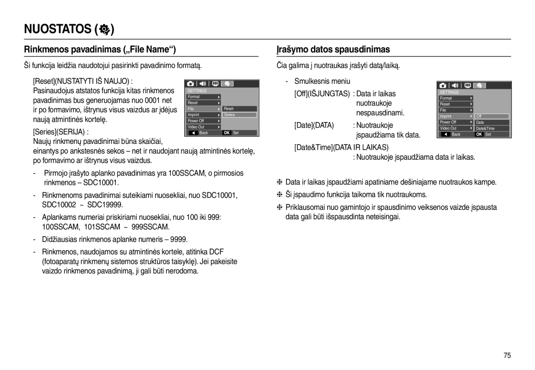 Samsung EC-L110ZRBA/RU Rinkmenos pavadinimas „File Name Įrašymo datos spausdinimas, ResetNUSTATYTI IŠ Naujo, SeriesSERIJA 