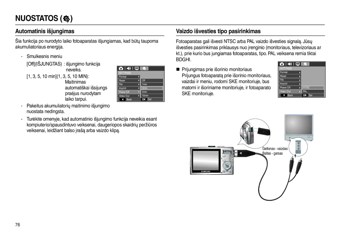 Samsung EC-L110ZBBA/RU, EC-L110ZRBA/RU, EC-L110ZSBA/RU Automatinis išjungimas, Vaizdo išvesties tipo pasirinkimas, Neveiks 