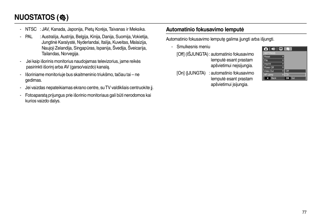 Samsung EC-L110ZSBA/RU manual Automatinio fokusavimo lemputė, Automatinio fokusavimo lemputę galima įjungti arba išjungti 