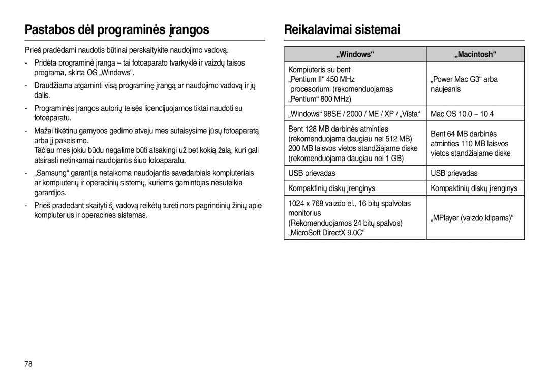 Samsung EC-L110ZBBA/LV, EC-L110ZRBA/RU manual Pastabos dėl programinės įrangos, Reikalavimai sistemai, „Windows „Macintosh 