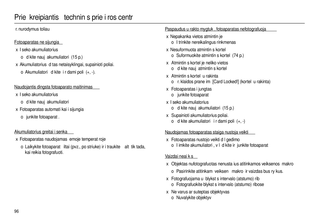 Samsung EC-L110ZBBA/RU, EC-L110ZRBA/RU, EC-L110ZSBA/RU, EC-L110ZBBA/LV manual Prieš kreipiantis į techninės priežiūros centrą 