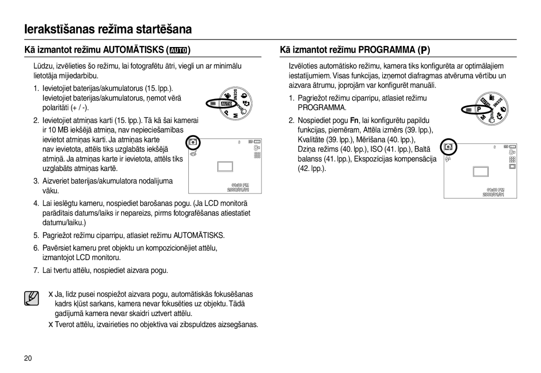 Samsung EC-L110ZBBA/RU manual Ierakstīšanas režīma startēšana, Kā izmantot režīmu Automātisks, Kā izmantot režīmu Programma 