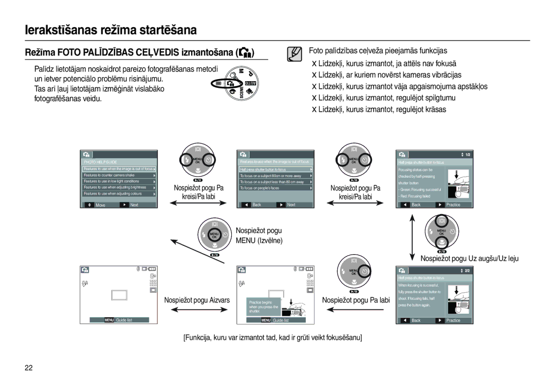 Samsung EC-L110ZBBA/LV, EC-L110ZRBA/RU manual Režīma Foto Palīdzības Ceļvedis izmantošana, Nospiežot pogu Uz augšu/Uz leju 