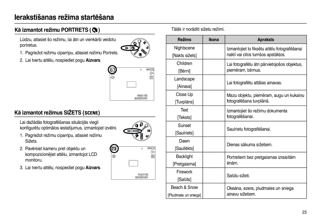 Samsung EC-L110ZRBA/RU, EC-L110ZBBA/RU, EC-L110ZSBA/RU manual Kā izmantot režīmu Portrets, Kā izmantot režīmus Sižets 