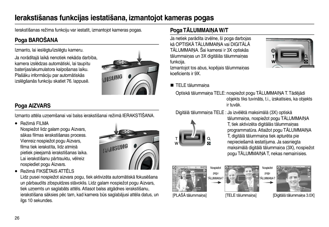 Samsung EC-L110ZBBA/LV, EC-L110ZRBA/RU, EC-L110ZBBA/RU, EC-L110ZSBA/RU manual Poga Barošana, Poga Aizvars, Poga Tālummaiņa W/T 