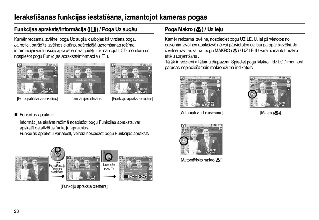 Samsung EC-L110ZBBA/RU, EC-L110ZRBA/RU manual Funkcijas apraksts/Informācija  / Poga Uz augšu, Poga Makro  / Uz leju 