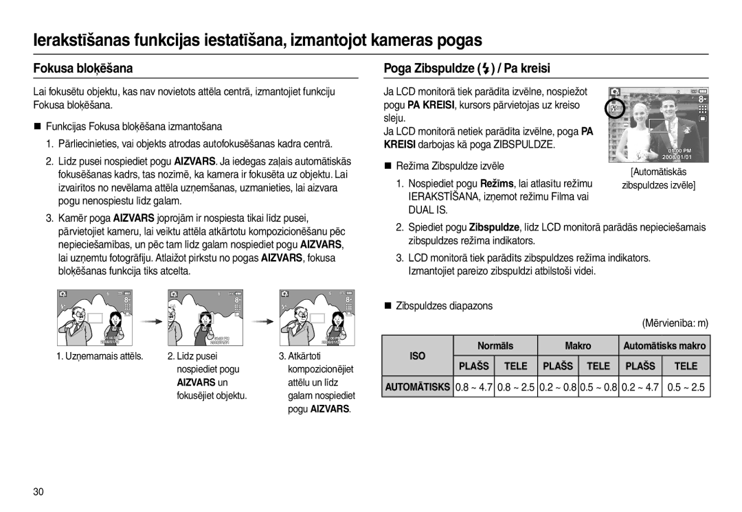 Samsung EC-L110ZBBA/LV, EC-L110ZRBA/RU manual Fokusa bloķēšana Poga Zibspuldze  / Pa kreisi, Pogu nenospiestu līdz galam 