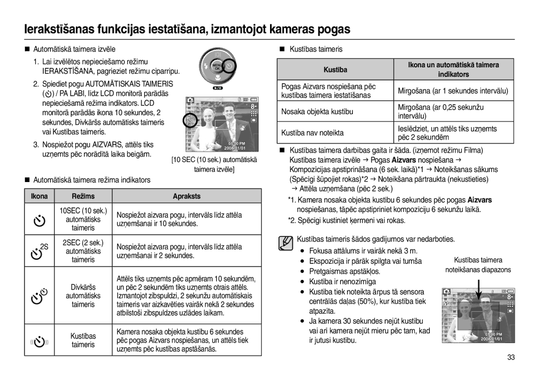 Samsung EC-L110ZSBA/RU manual „ Automātiskā taimera izvēle, Nospiežot pogu AIZVARS, attēls tiks „ Kustības taimeris 