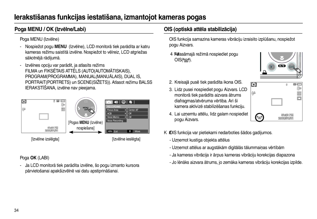 Samsung EC-L110ZBBA/LV, EC-L110ZRBA/RU manual Poga Menu / OK Izvēlne/Labi, OIS optiskā attēla stabilizācija, „ Poga OK Labi 