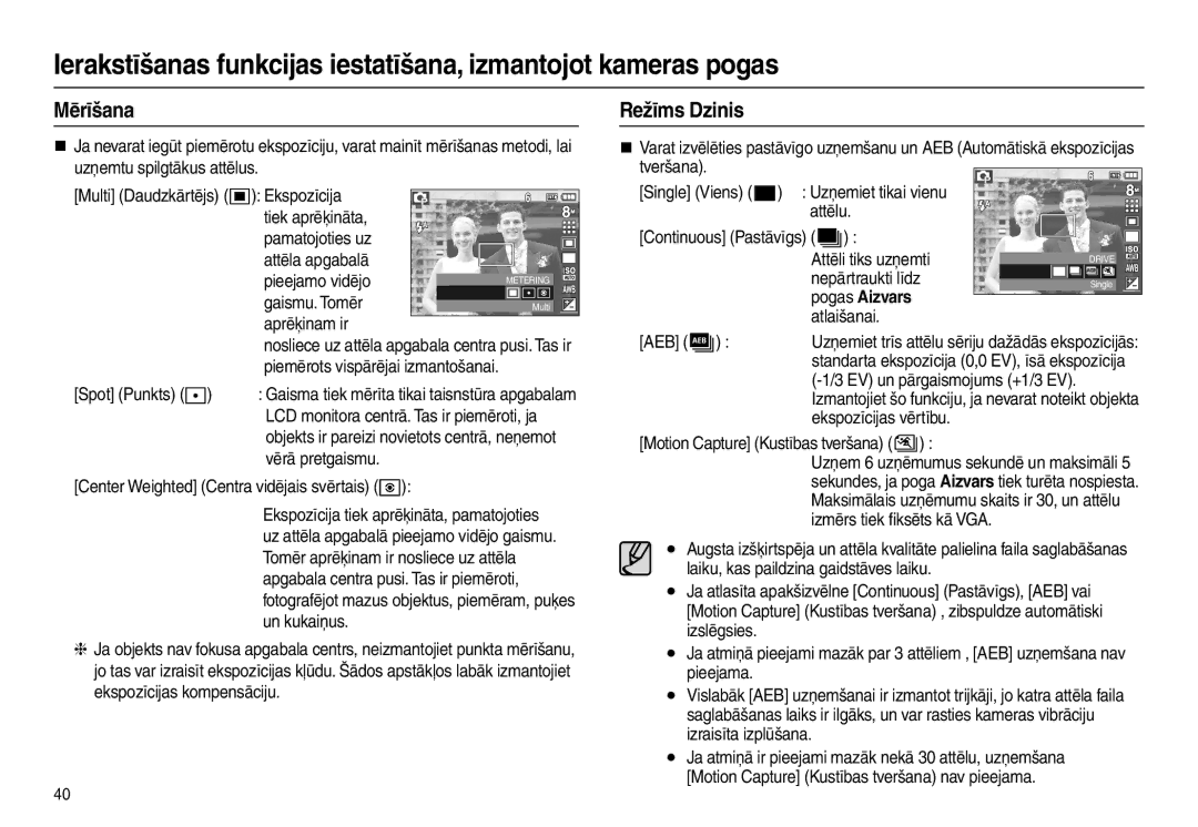 Samsung EC-L110ZBBA/RU, EC-L110ZRBA/RU, EC-L110ZSBA/RU, EC-L110ZBBA/LV manual Mērīšana, Režīms Dzinis, Pogas Aizvars 