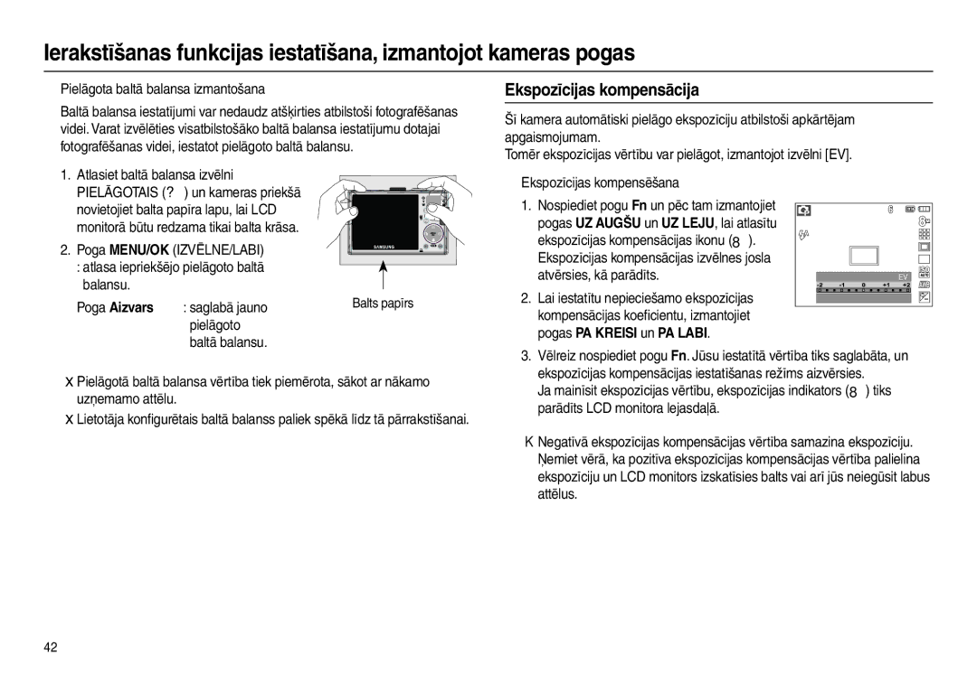 Samsung EC-L110ZBBA/LV manual Ekspozīcijas kompensācija, „ Pielāgota baltā balansa izmantošana, Balansu, Poga Aizvars 