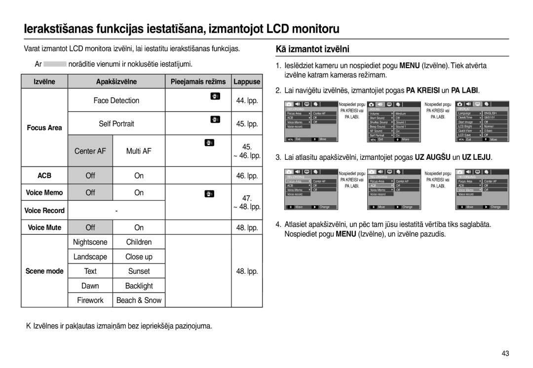 Samsung EC-L110ZRBA/RU, EC-L110ZBBA/RU, EC-L110ZSBA/RU, EC-L110ZBBA/LV manual Kā izmantot izvēlni 