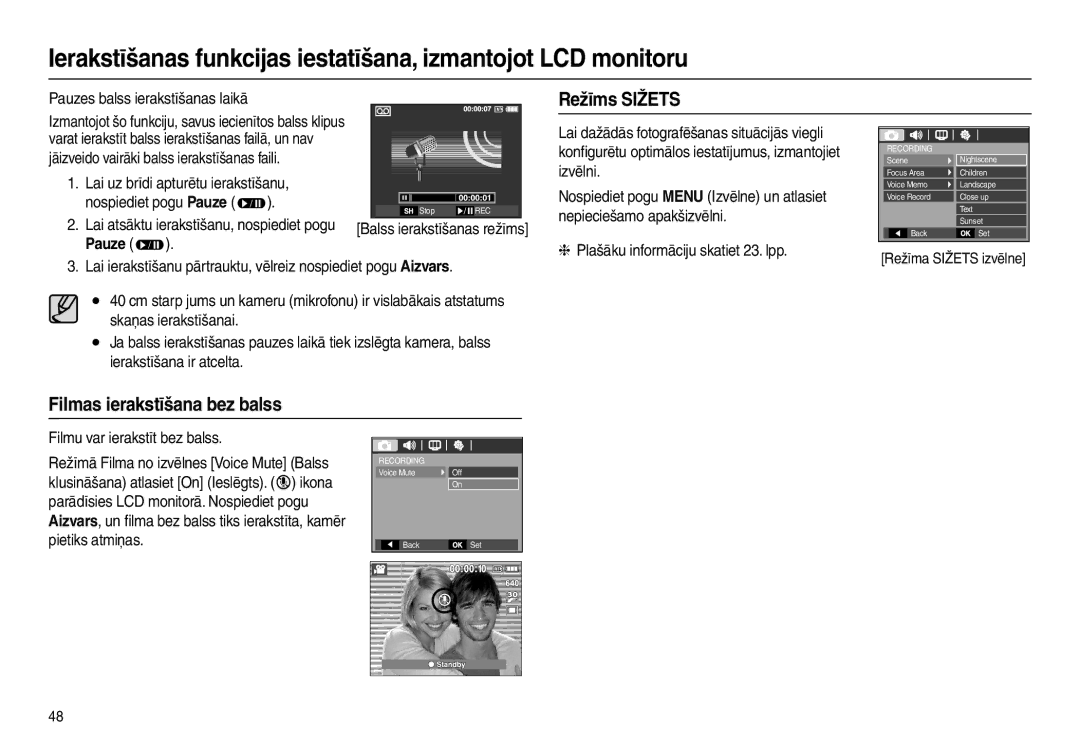 Samsung EC-L110ZBBA/RU manual Režīms Sižets, Filmas ierakstīšana bez balss, Pauzes balss ierakstīšanas laikā, Pauze  