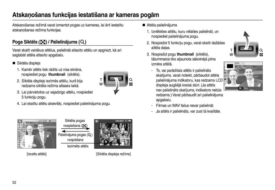 Samsung EC-L110ZBBA/RU Atskaņošanas funkcijas iestatīšana ar kameras pogām, Poga Sīktēls  / Palielinājums , Nospiešana  