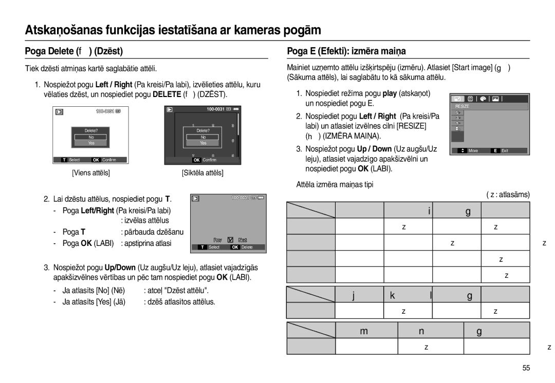 Samsung EC-L110ZRBA/RU, EC-L110ZBBA/RU, EC-L110ZSBA/RU manual Poga Delete  Dzēst, Poga E Efekti izmēra maiņa,  Izmēra Maiņa 