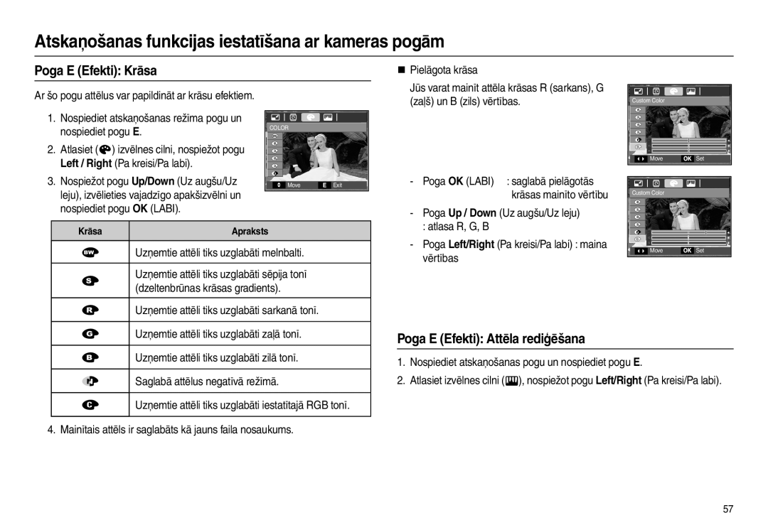 Samsung EC-L110ZSBA/RU, EC-L110ZRBA/RU manual Poga E Efekti Krāsa, Poga E Efekti Attēla rediģēšana, Zaļš un B zils vērtības 