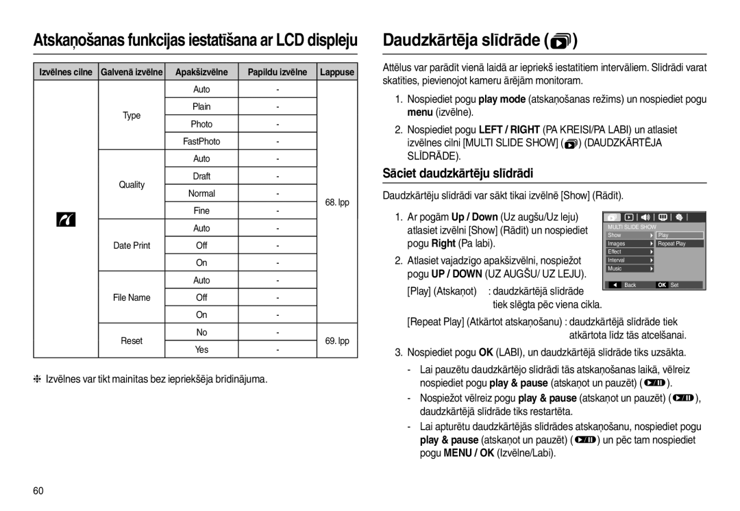 Samsung EC-L110ZBBA/RU, EC-L110ZRBA/RU manual Daudzkārtēja slīdrāde , Atskaņošanas funkcijas iestatīšana ar LCD displeju 