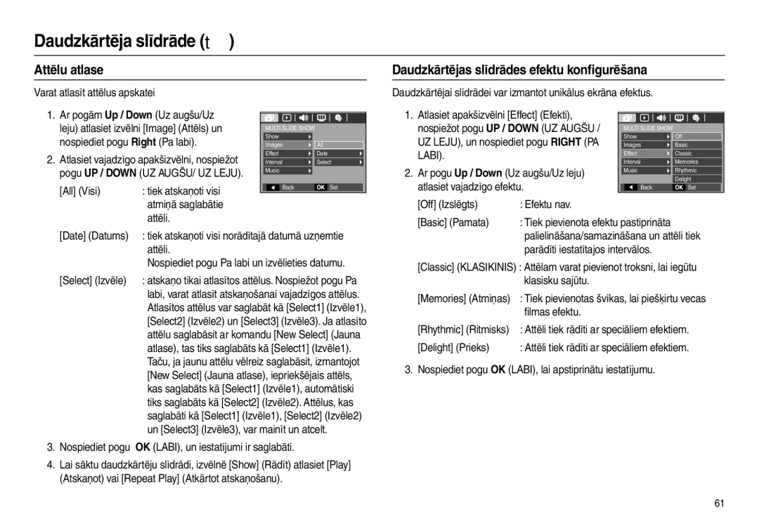 Samsung EC-L110ZSBA/RU, EC-L110ZRBA/RU, EC-L110ZBBA/RU manual Attēlu atlase Daudzkārtējas slīdrādes efektu konﬁgurēšana 