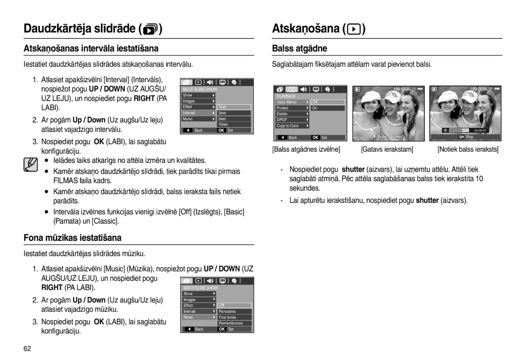 Samsung EC-L110ZBBA/LV manual Atskaņošana , Atskaņošanas intervāla iestatīšana, Balss atgādne, Fona mūzikas iestatīšana 